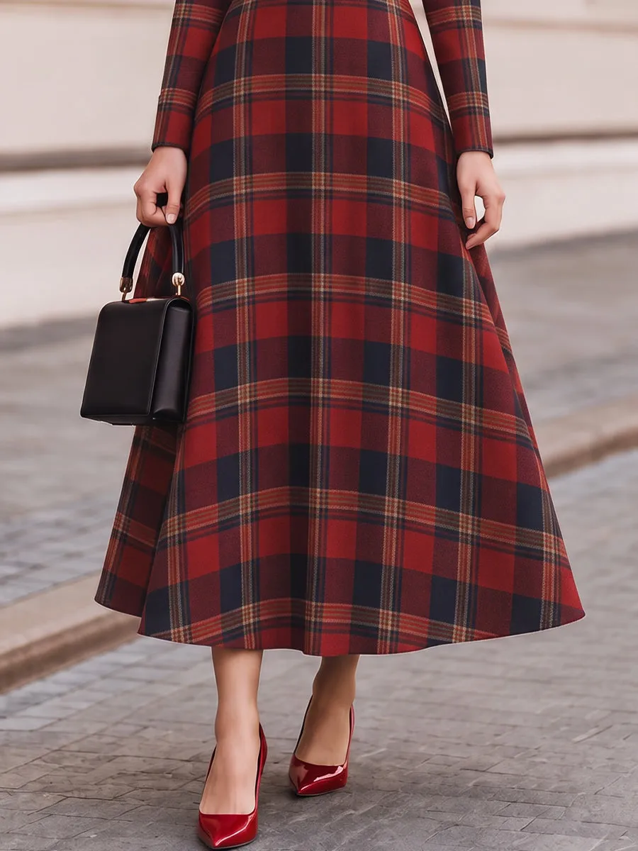 High Neck Tartan Plaid Long Sleeve Fit And Flare Maxi Dress sold by Mooyius product image thumbnail 5