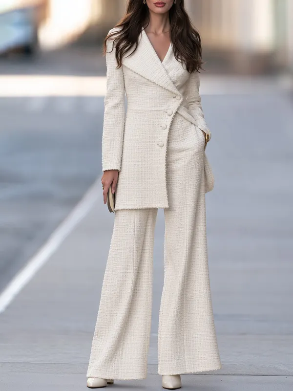 Women's Tweed Wrap Blazer & Wide-Leg Trouser Two-Piece Suit Set made by Mooyius