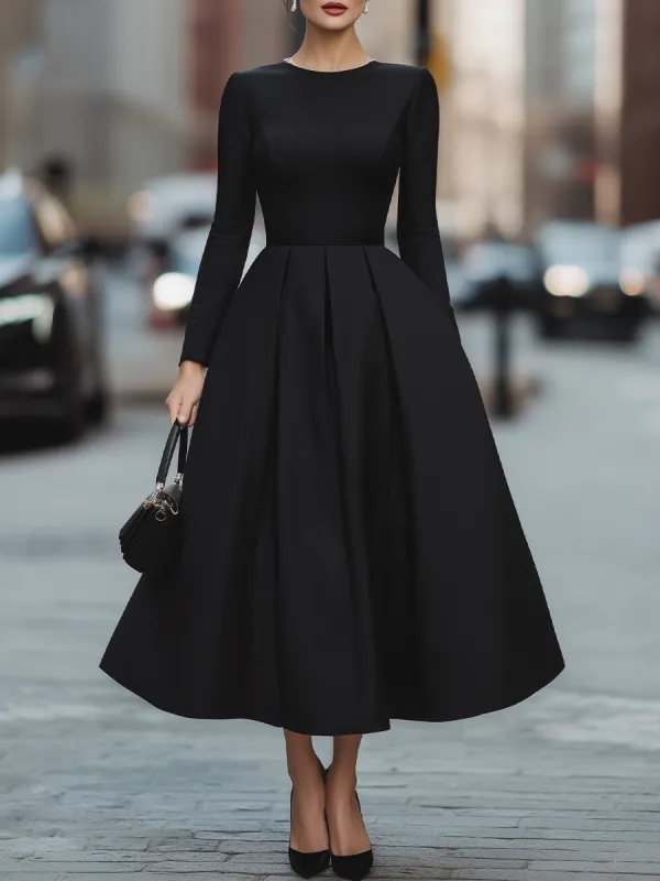 Elegant Long Sleeve Pleated Maxi Dress With Cinched Waist made by Mooyius