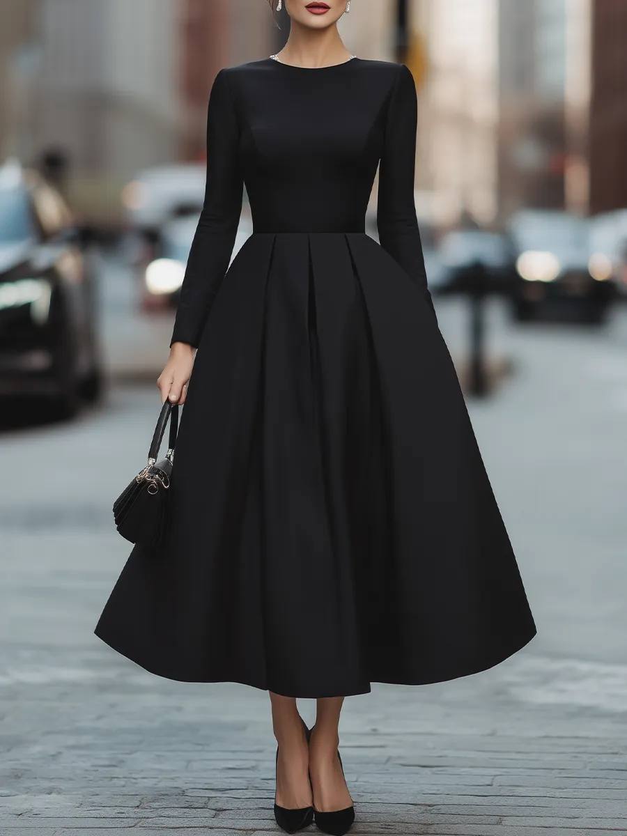 Elegant Long Sleeve Pleated Maxi Dress With Cinched Waist sold by Mooyius