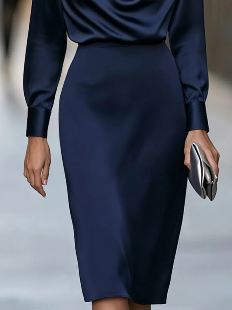 Elegant Draped Cowl Neck Satin Midi Dress sold by Mooyius product image thumbnail 5