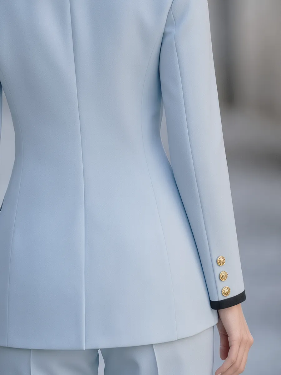 Light Blue Contrast Black Lapel Double Breasted Pant Suit Set sold by Mooyius product image thumbnail 5