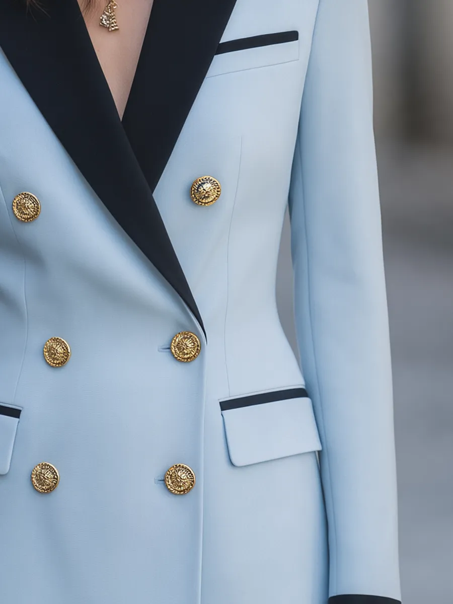 Light Blue Contrast Black Lapel Double Breasted Pant Suit Set sold by Mooyius product image thumbnail 3