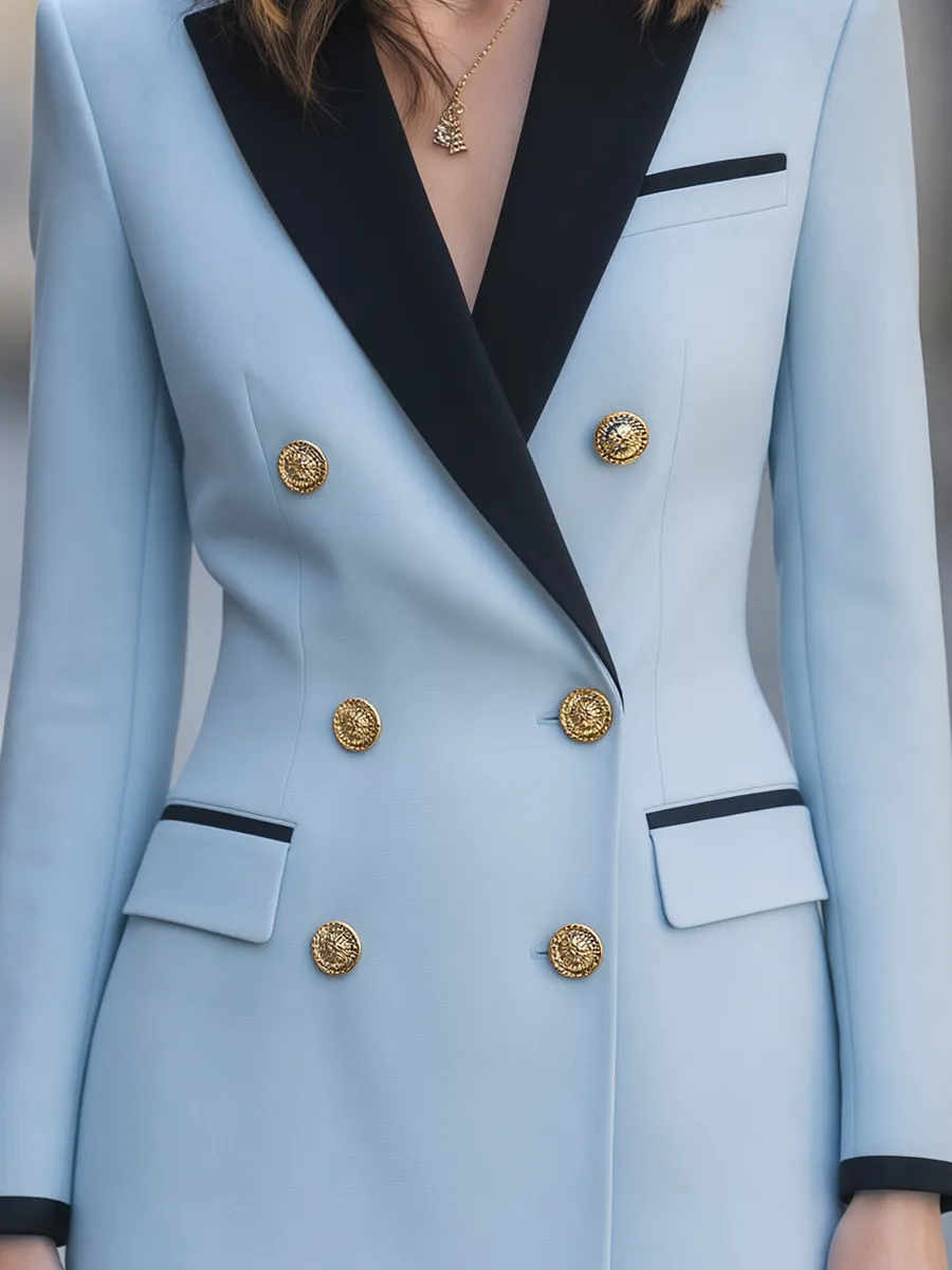 Light Blue Contrast Black Lapel Double Breasted Pant Suit Set sold by Mooyius product image thumbnail 2