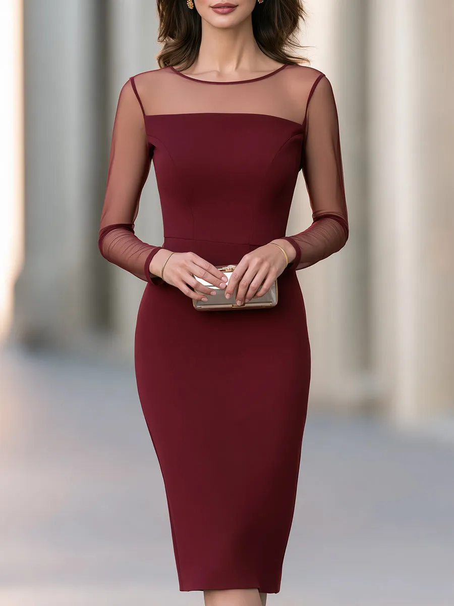 Elegant Mesh Sleeve Bodycon Midi Dress - Sheer Illusion Neckline Cocktail Dress sold by Mooyius
