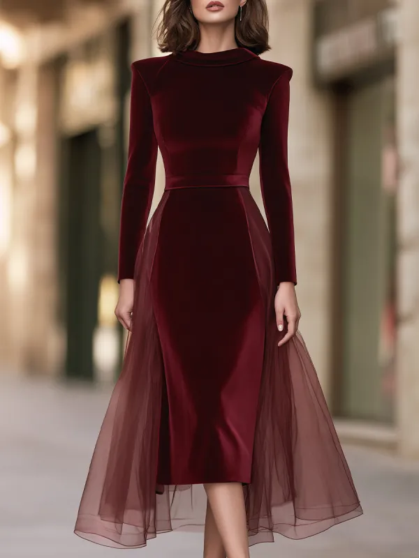 Elegant Velvet Long Sleeve Midi Evening Dress made by Mooyius