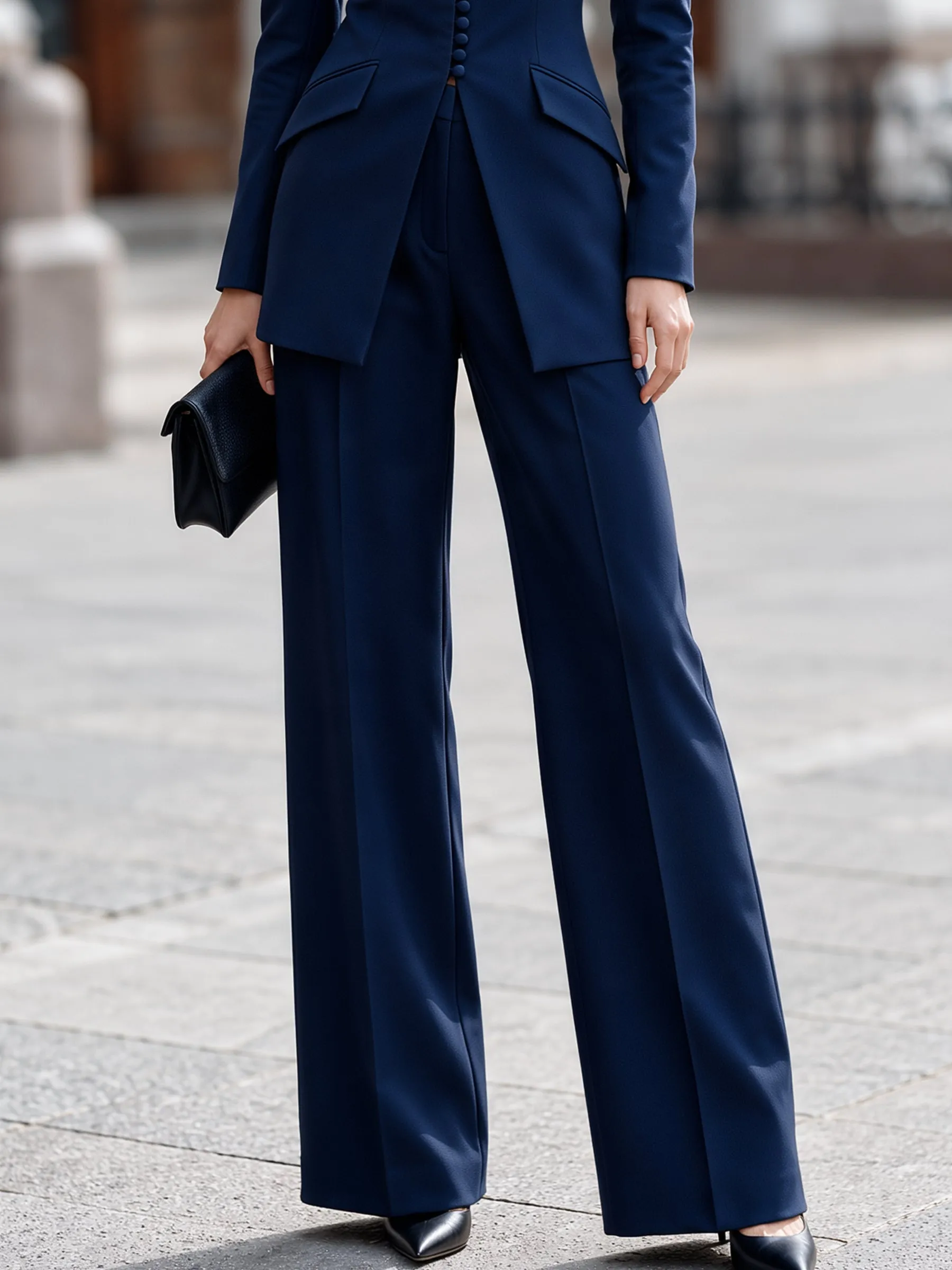 Stand Collar Covered-Button Blazer & Wide-Leg Trouser Set sold by Mooyius product image thumbnail 4