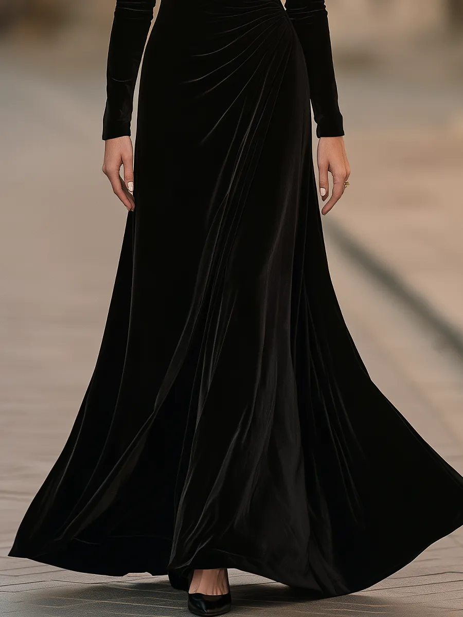 Mock Neck Long Sleeve Velvet Side Ruched Draped Fit And Flare Maxi Dress sold by Mooyius product image thumbnail 4