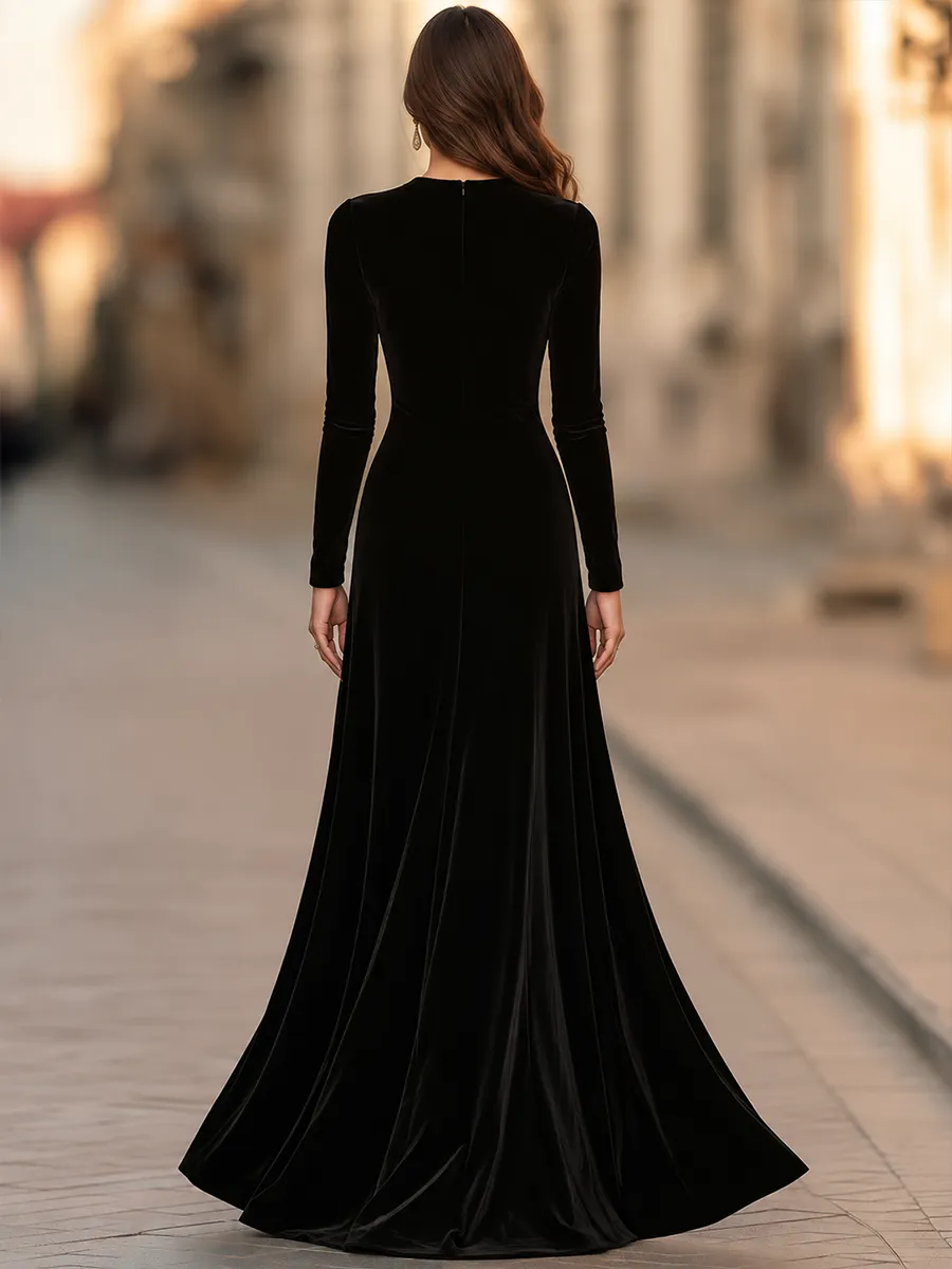 Mock Neck Long Sleeve Velvet Side Ruched Draped Fit And Flare Maxi Dress sold by Mooyius product image thumbnail 5