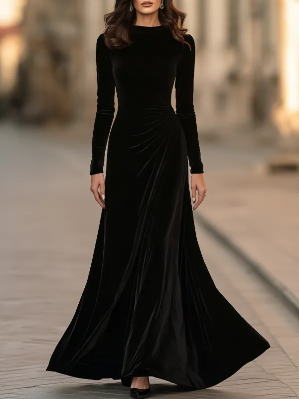Mock Neck Long Sleeve Velvet Side Ruched Draped Fit And Flare Maxi Dress made by Mooyius