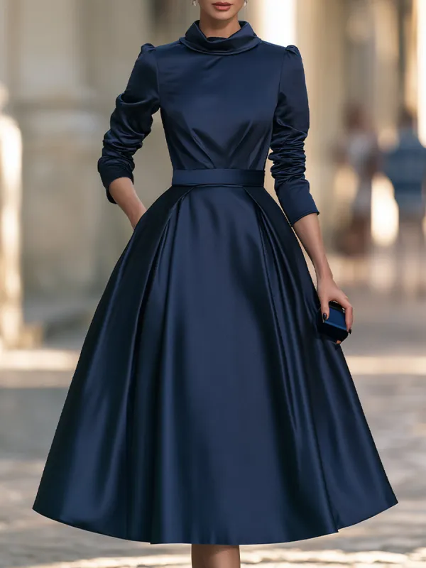 High-Neck Self-belt Satin Midi Dress made by Mooyius
