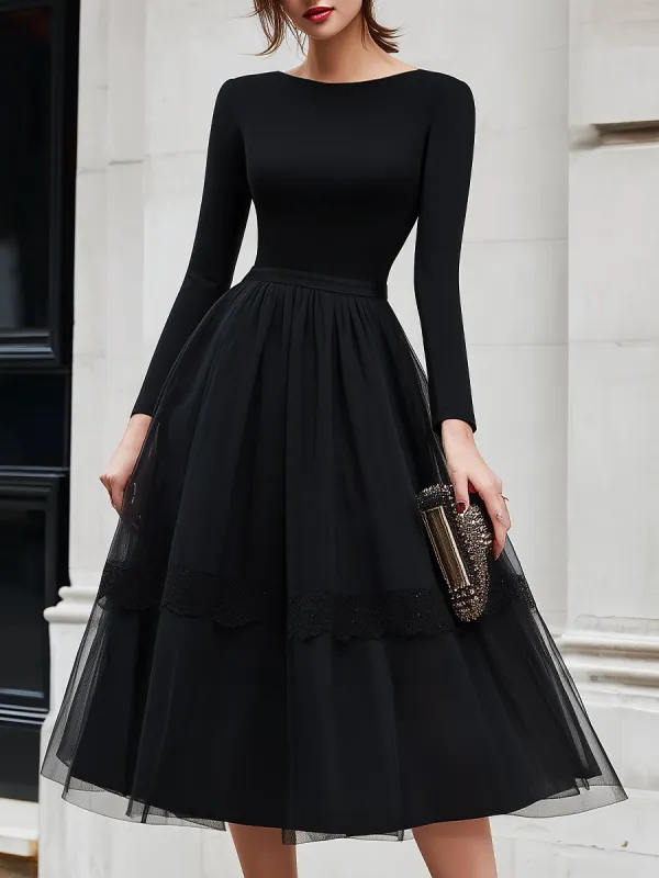 Boat Neck Long Sleeve Fitted Bodice Tulle Overlay Lace Trim Fit And Flare Midi Dress made by Mooyius