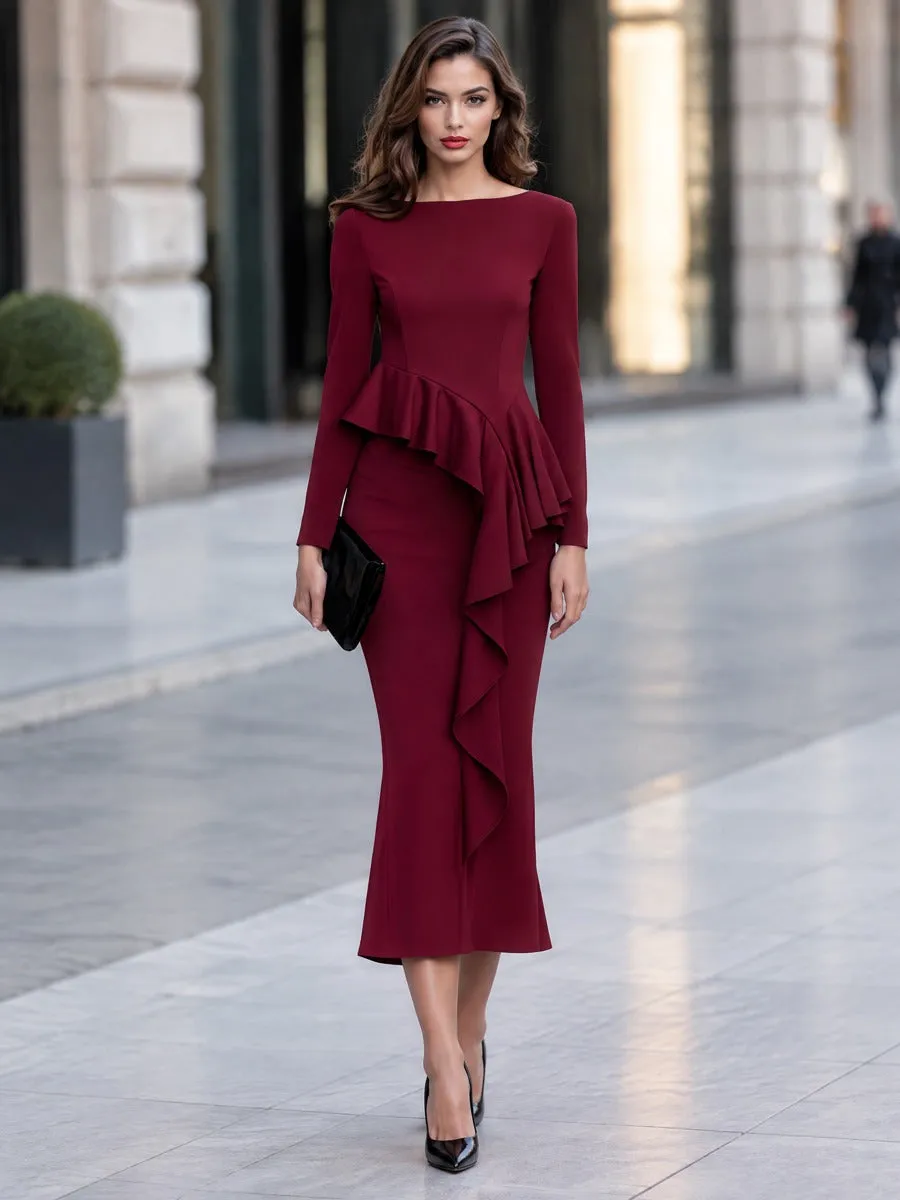 Asymmetric Ruffle Trim Long Sleeve Midi Dress sold by Mooyius product image thumbnail 2