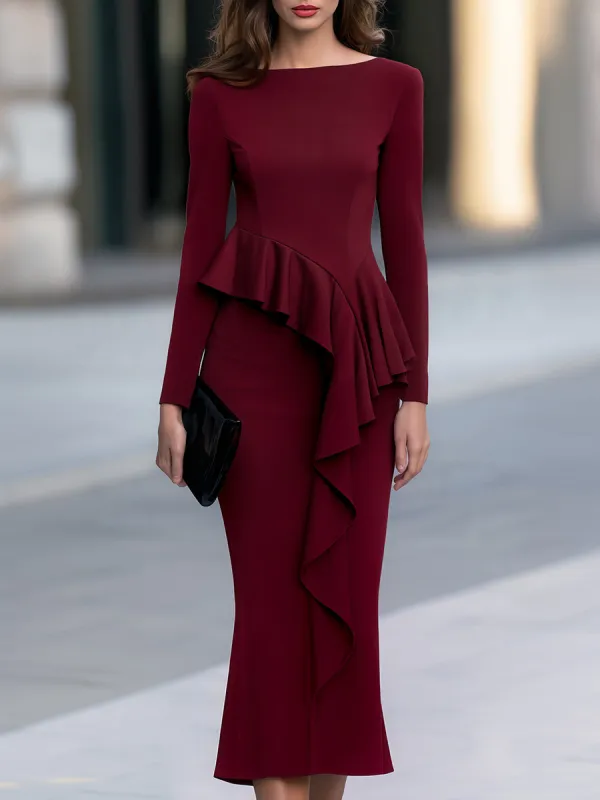 Asymmetric Ruffle Trim Long Sleeve Midi Dress made by Mooyius