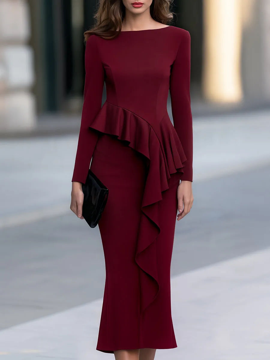 Asymmetric Ruffle Trim Long Sleeve Midi Dress sold by Mooyius