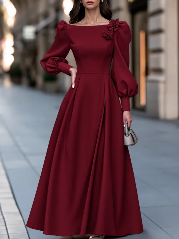 Elegant Puff Sleeve Square Neck Maxi Dress with Floral Applique made by Mooyius