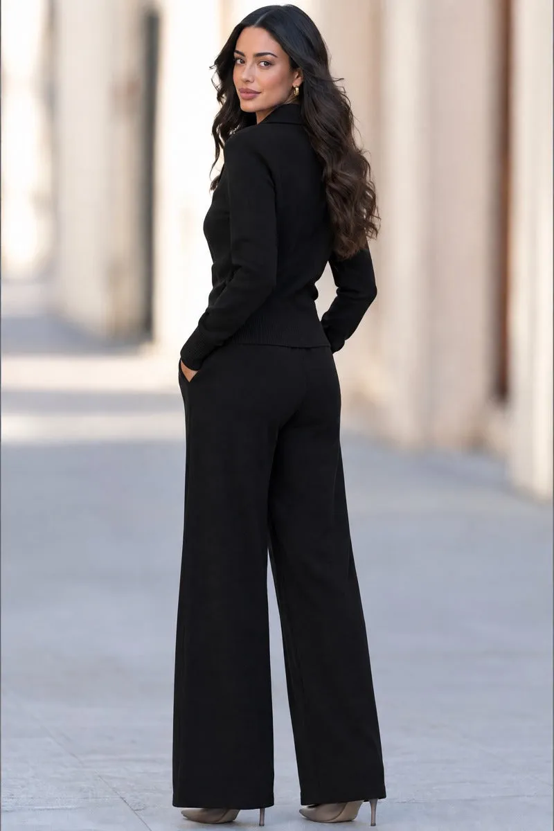 Women's Black Relaxed-Fit Knit Top And Wide-Leg Pants Two-Piece Set sold by Mooyius product image thumbnail 4