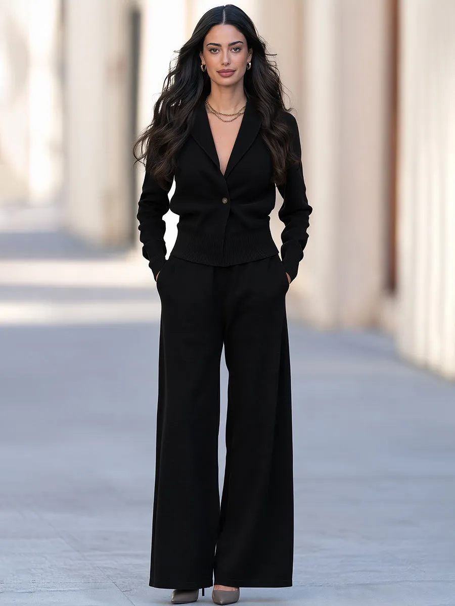 Women's Black Relaxed-Fit Knit Top And Wide-Leg Pants Two-Piece Set sold by Mooyius product image thumbnail 3