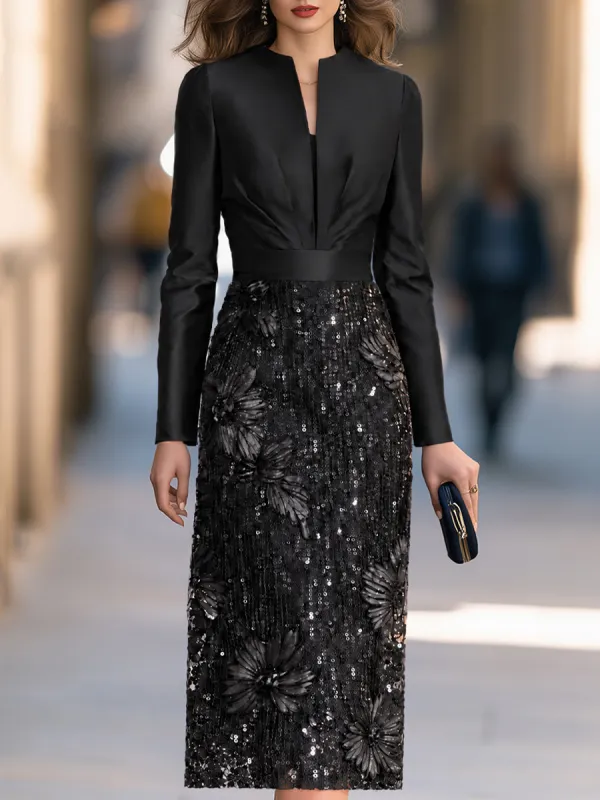 Sequin Floral Skirt Split Neck Pleated Bodice Sheath Midi Dress made by Mooyius