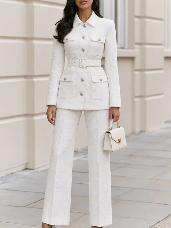 Tweed Belted Jacket And Flared Pants Two Piece Suit made by Something Navy