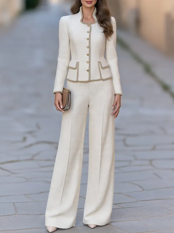 Ivory Gold Trim Tweed Jacket And Wide Leg Pants Set made by Mooyius