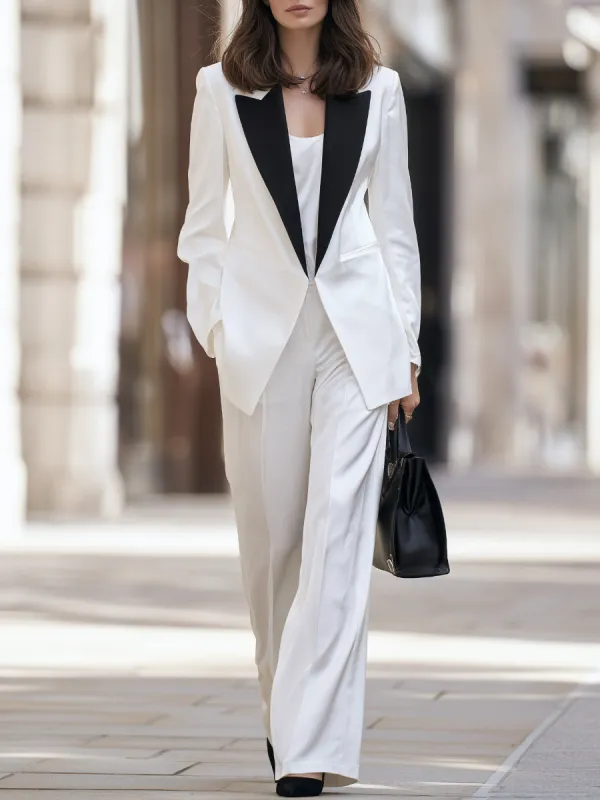 Contrast Lapel Single-Button Blazer, Camisole And Wide-Leg Trousers Three-Piece Set made by Mooyius