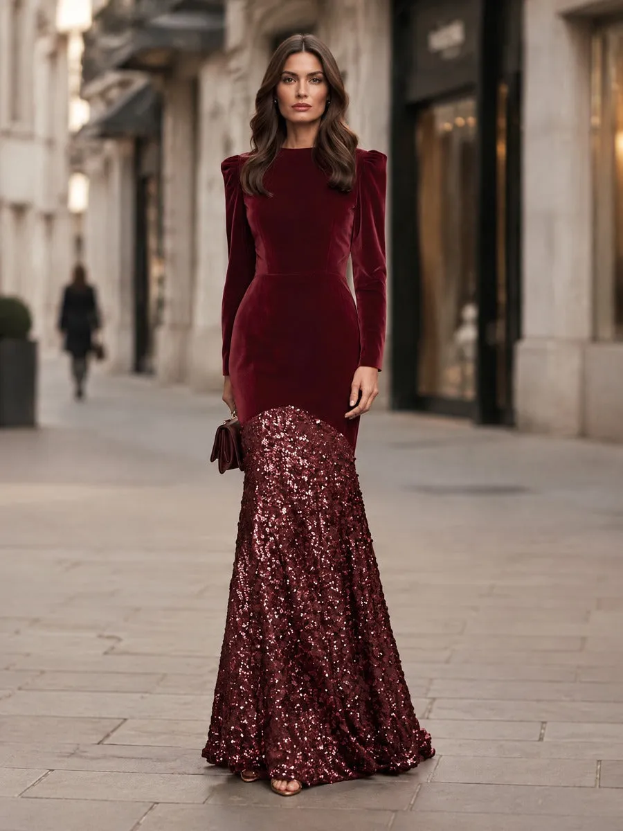 Velvet And Sequin Mermaid Maxi Dress With Puff Shoulders sold by Mooyius product image thumbnail 2