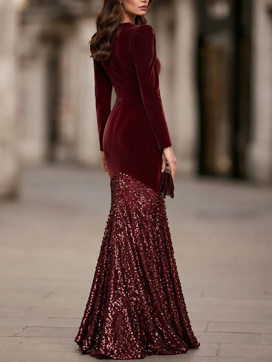 Velvet And Sequin Mermaid Maxi Dress With Puff Shoulders sold by Mooyius product image thumbnail 3