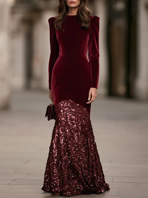 Velvet And Sequin Mermaid Maxi Dress With Puff Shoulders made by Mooyius
