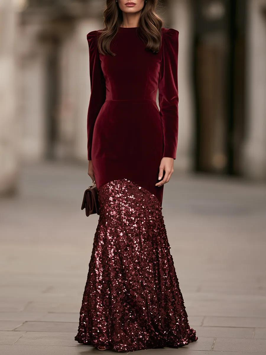 Velvet And Sequin Mermaid Maxi Dress With Puff Shoulders sold by Mooyius