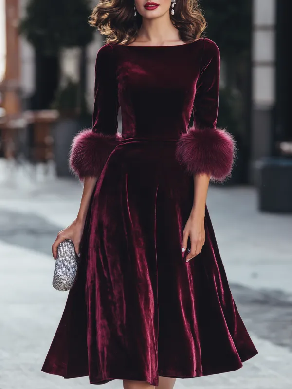 Velvet Plush Cuff Fit And Flare Midi Dress made by Mooyius