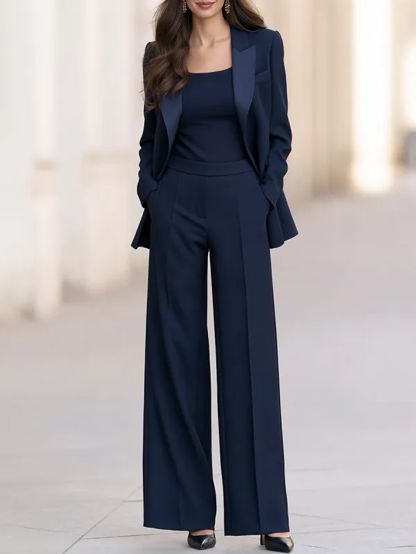 Women's Navy Satin Peak Lapel Blazer and High-Waist Wide-Leg Trousers Suit Set made by Mooyius