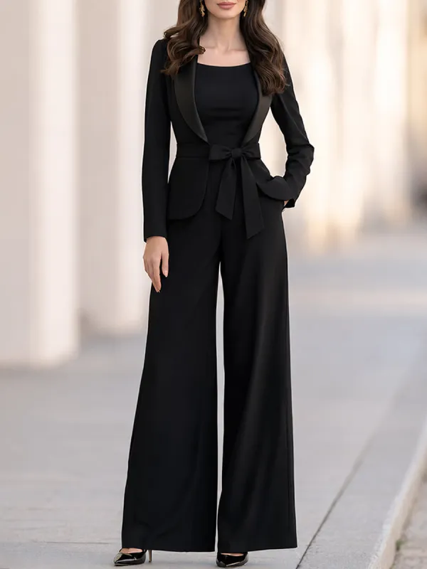 Elegant Shawl-Collar Belted Blazer & Wide-Leg Trouser Set (Includes Bow-Tie Belt) made by Mooyius