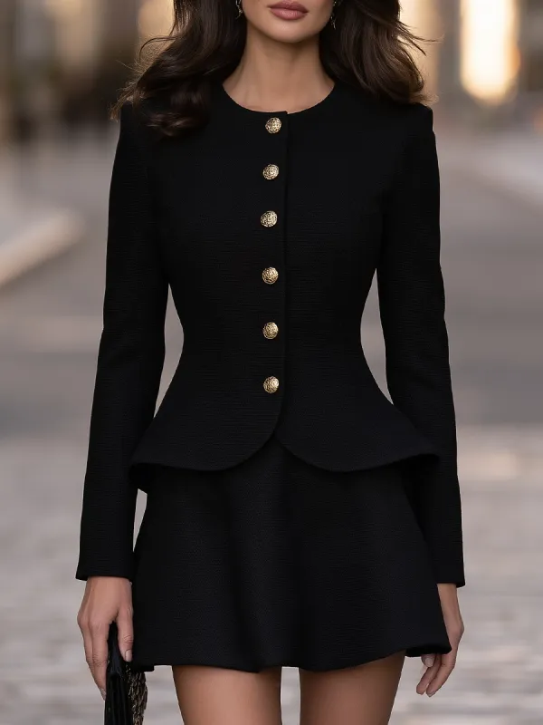 Button-Front Peplum Jacket And Mini Skirt Set made by Mooyius