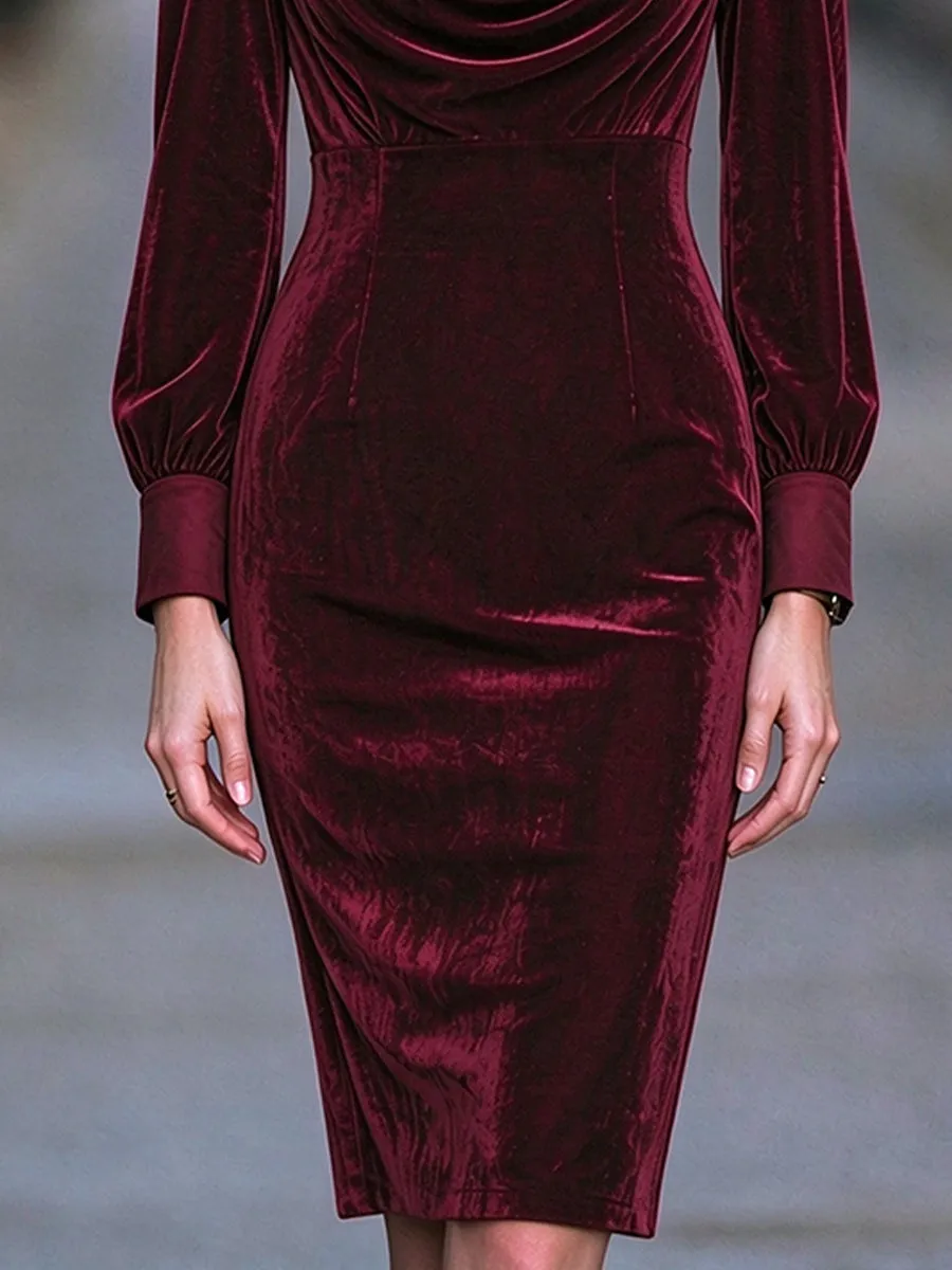 Lace Insertion Cowl Neck Velvet Midi Dress sold by Mooyius product image thumbnail 5