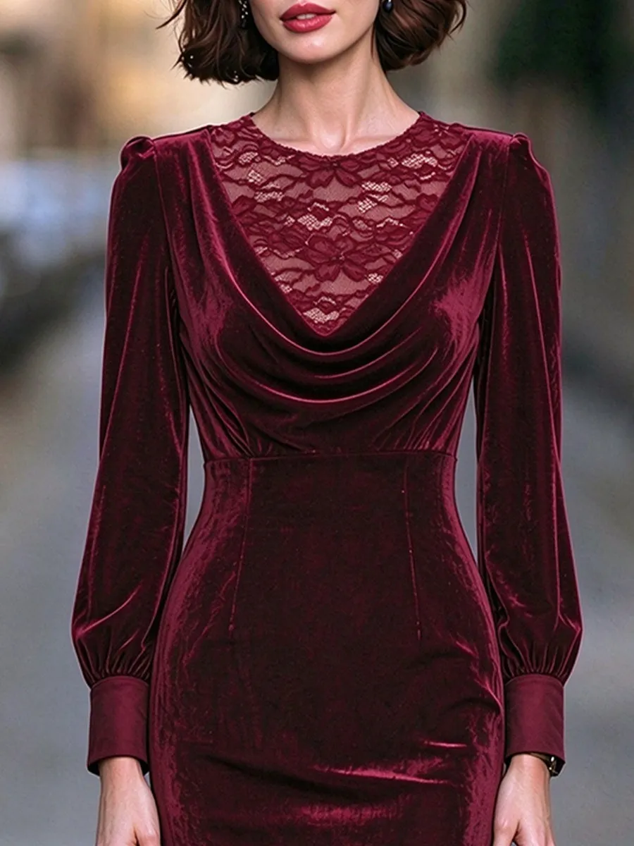 Lace Insertion Cowl Neck Velvet Midi Dress sold by Mooyius product image thumbnail 4