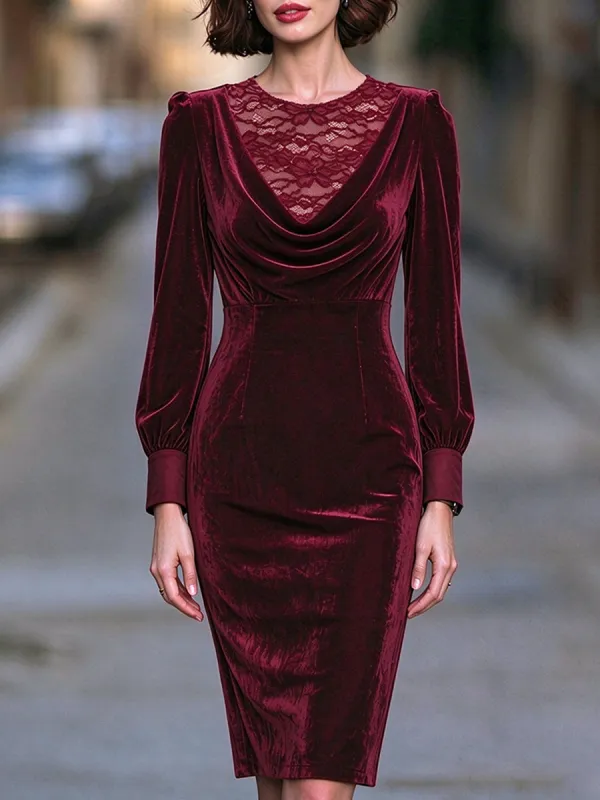 Lace Insertion Cowl Neck Velvet Midi Dress made by Mooyius