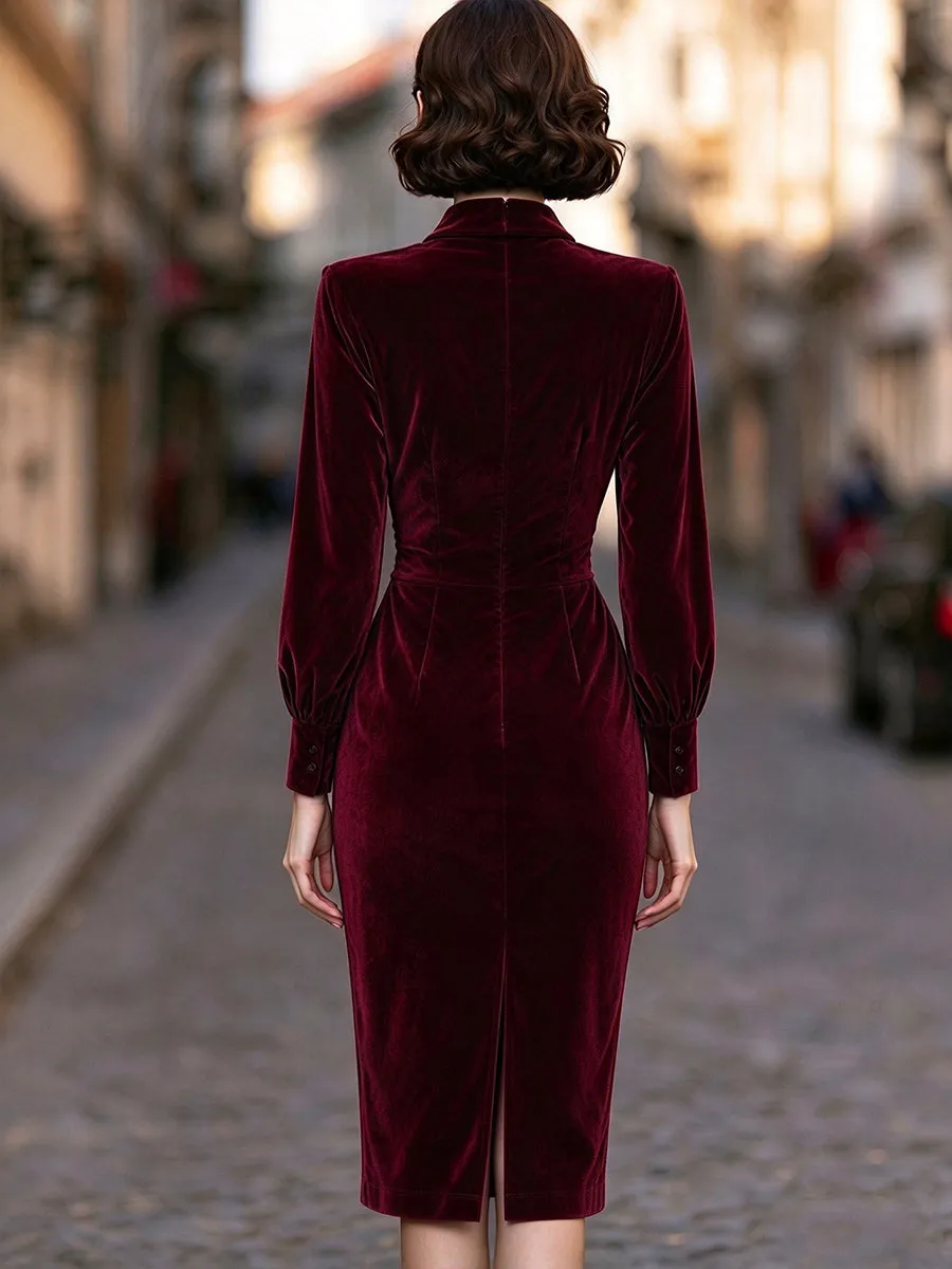 Draped-Collar Ruched Waist Velvet Midi Dress sold by Mooyius product image thumbnail 3