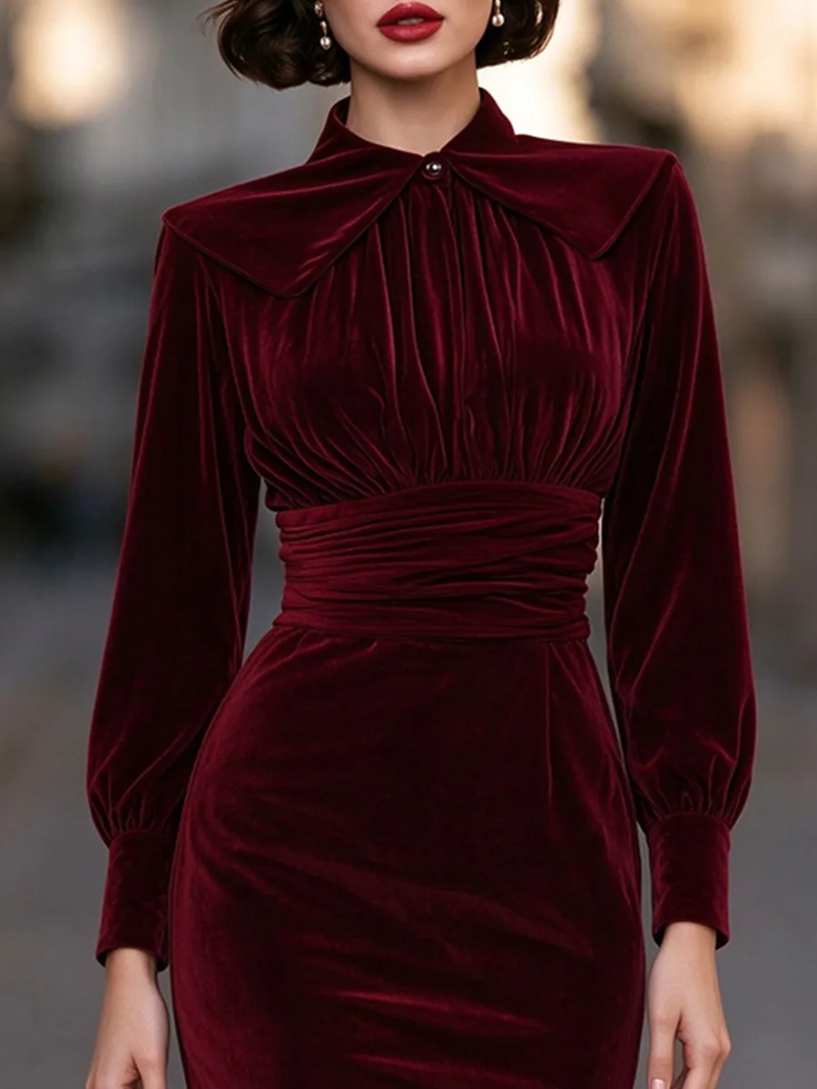 Draped-Collar Ruched Waist Velvet Midi Dress sold by Mooyius product image thumbnail 5