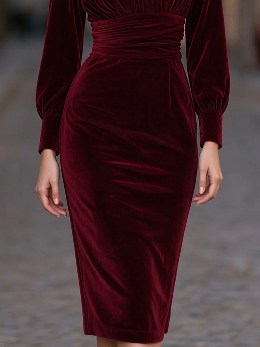 Draped-Collar Ruched Waist Velvet Midi Dress sold by Mooyius product image thumbnail 4