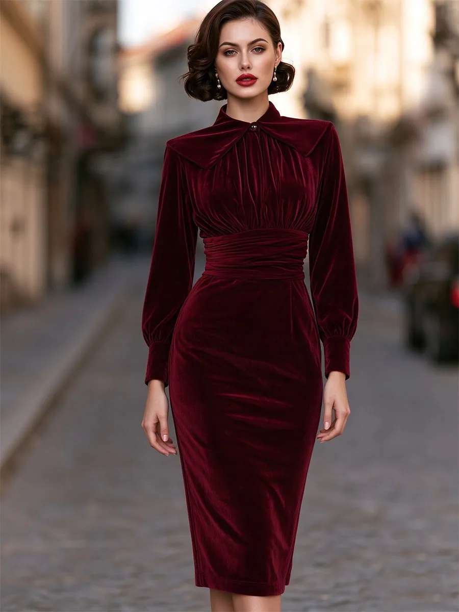 Draped-Collar Ruched Waist Velvet Midi Dress sold by Mooyius product image thumbnail 2