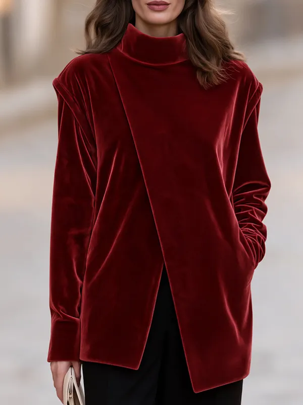 Burgundy Velvet Mock Neck Asymmetric Wrap Front Long Sleeve Tunic Top made by Mooyius