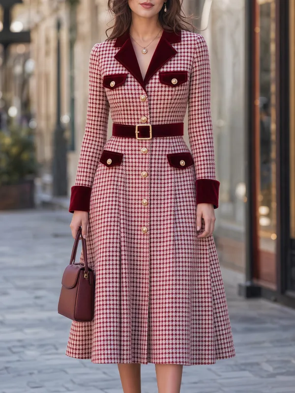 Velvet-Trimmed Houndstooth Belted Midi Dress made by Mooyius