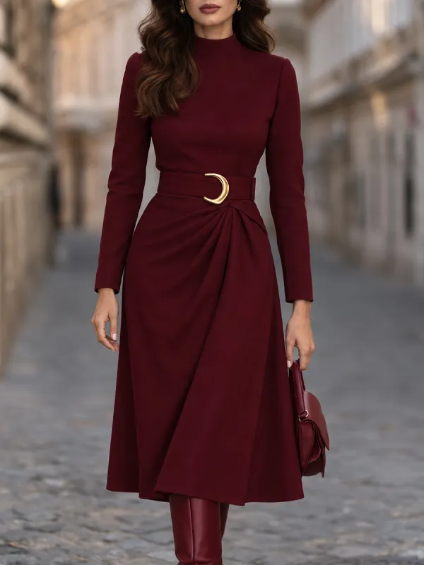 Belted Mock-Neck Draped Midi Dress made by Mooyius