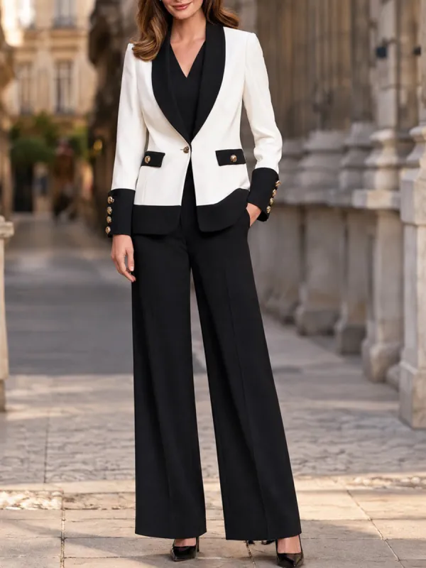 Contrast-Trim Blazer And Wide-Leg Pants Set made by Mooyius