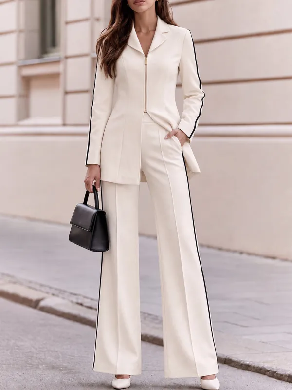 Lapel Zip Front Tailored Blazer And Side Stripe Wide Leg Pants Co Ord Set made by Something Navy