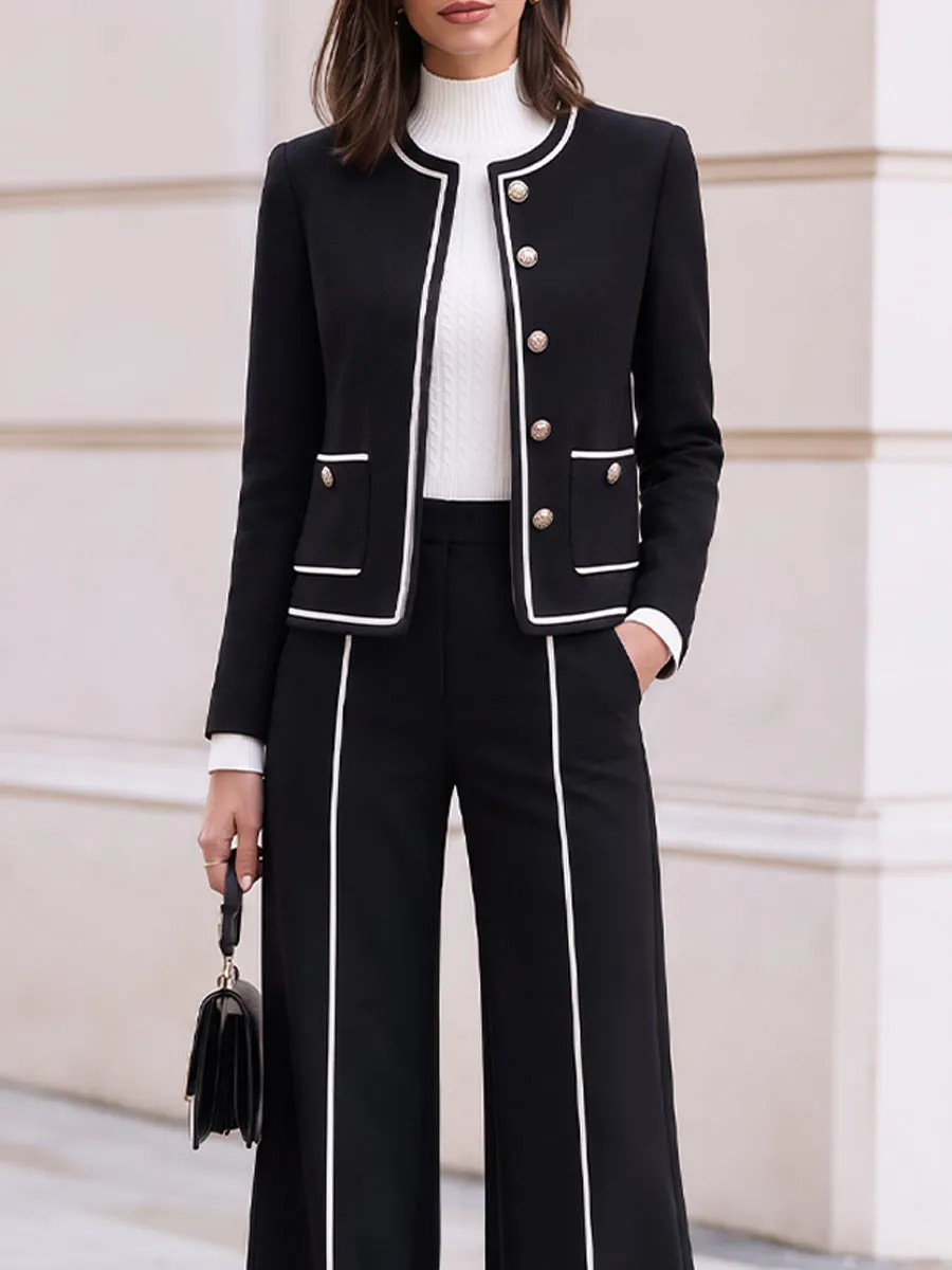 Contrast Piping Tailored Jacket & Wide Leg Trousers Two Piece Set sold by Mooyius product image thumbnail 4