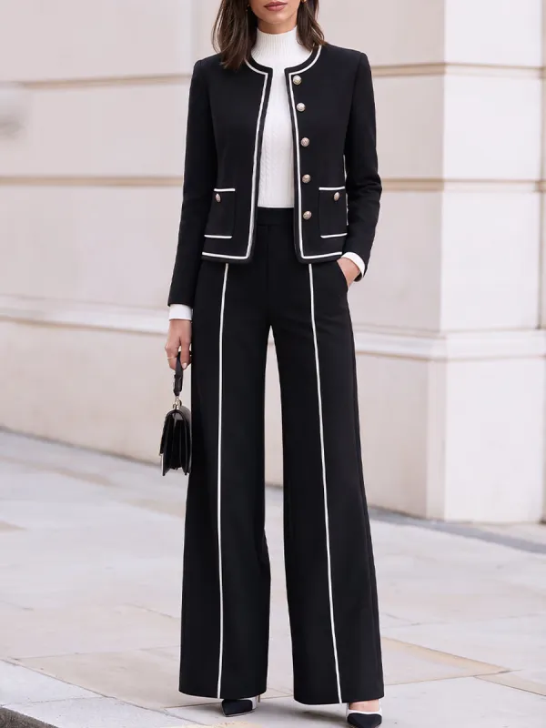 Contrast Piping Tailored Jacket & Wide Leg Trousers Two Piece Set made by Something Navy