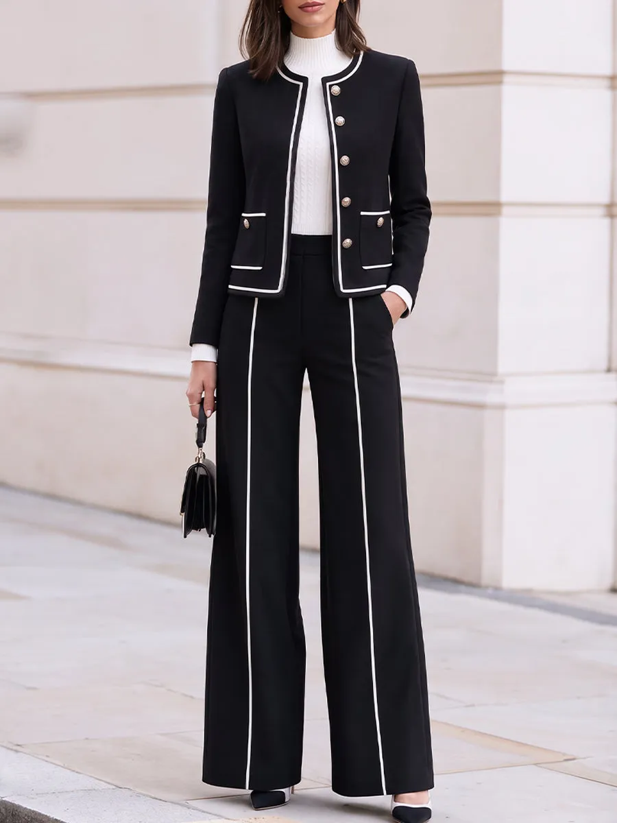 Contrast Piping Tailored Jacket & Wide Leg Trousers Two Piece Set sold by Mooyius