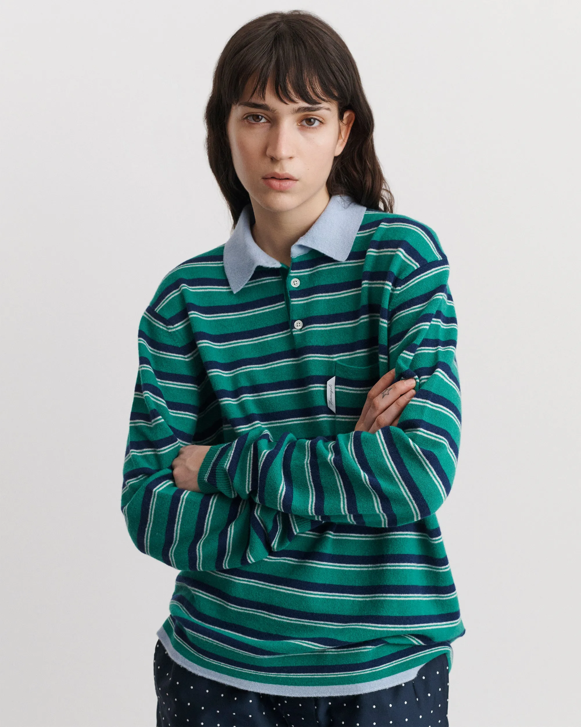 Cashmere Knit Polo in Green Stripe sold by Homme Girls product image thumbnail 2